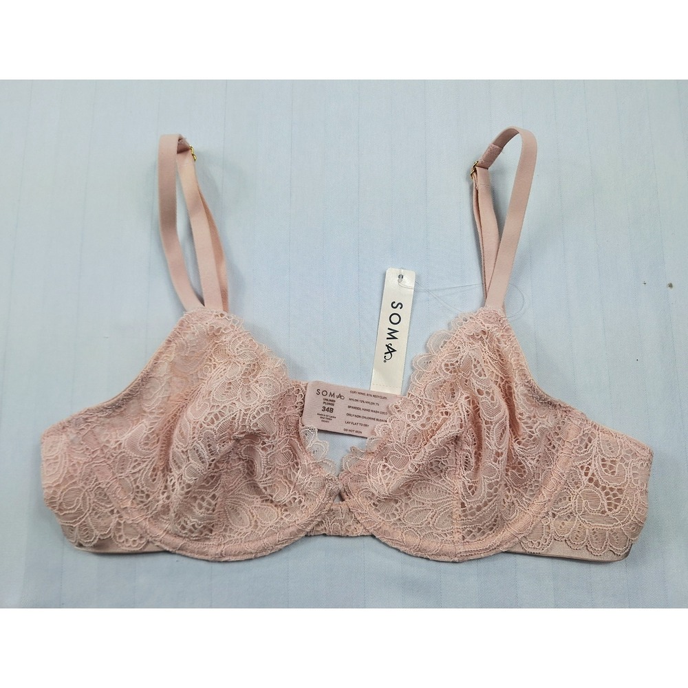 Soma Unlined Plunge Lace Bra Sepia Rose Pink Underwire‎ 34B New NWT